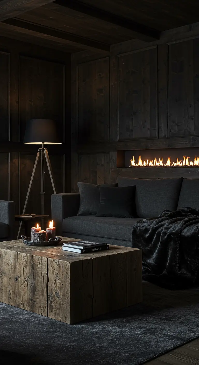 Salon très sombre avec murs en bois noir, canapé gris et foyer linéaire.