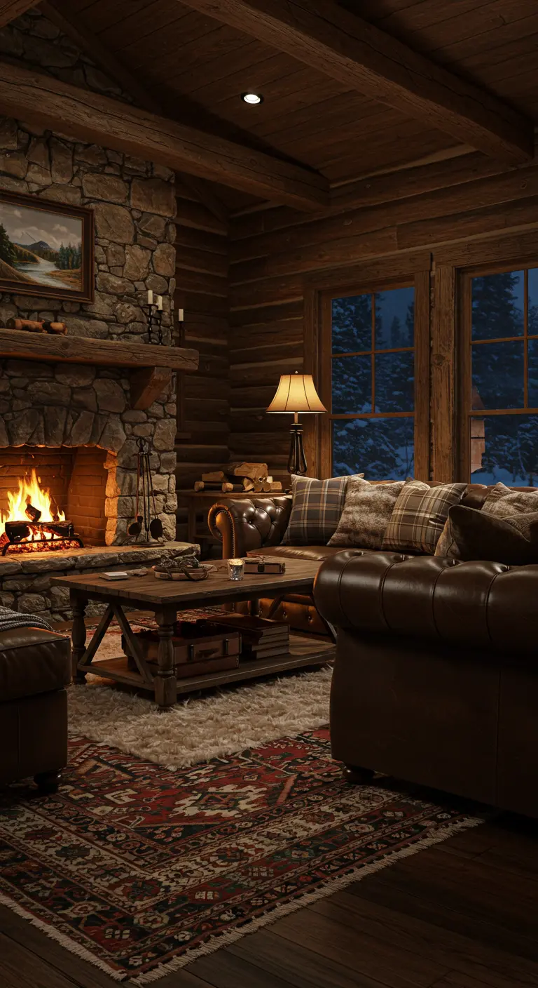 Salon de chalet rustique avec cheminée en pierre et canapé en cuir.