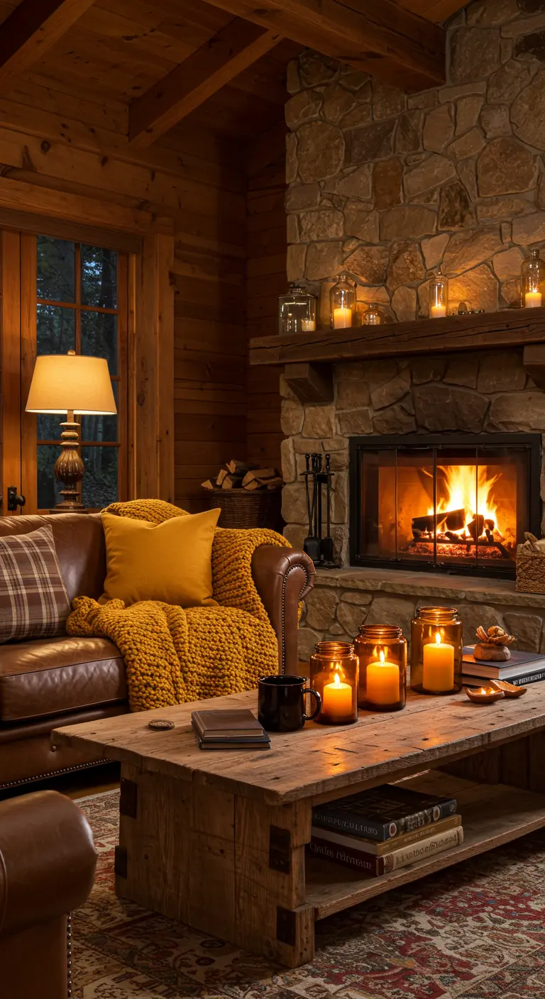 Salon rustique avec cheminée en pierre, canapé en cuir et plaid en grosse maille jaune.