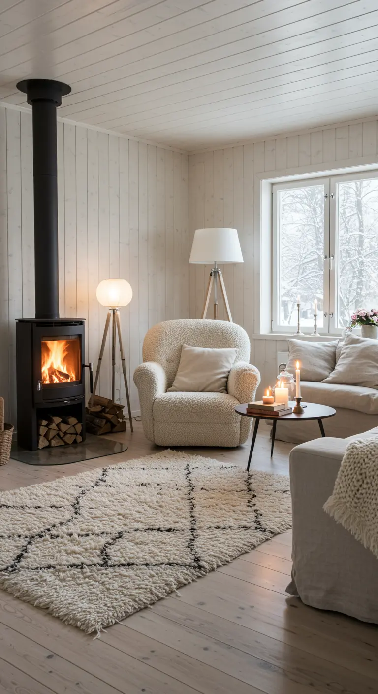 Salon scandinave avec poêle, fauteuil bouclé et tapis berbère épais.