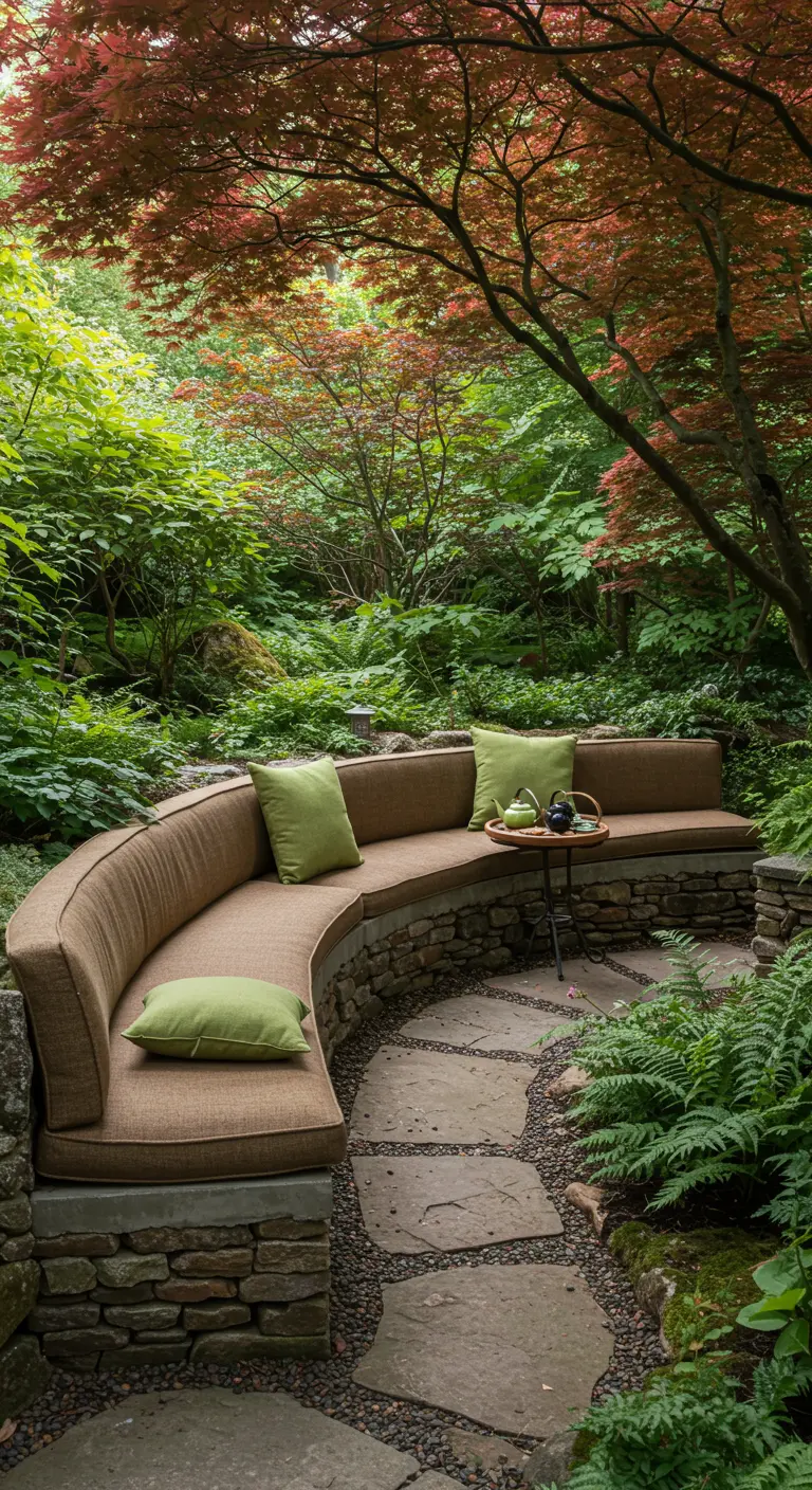 Banquette incurvée en pierre avec coussins marron et verts, nichée dans une végétation luxuriante.