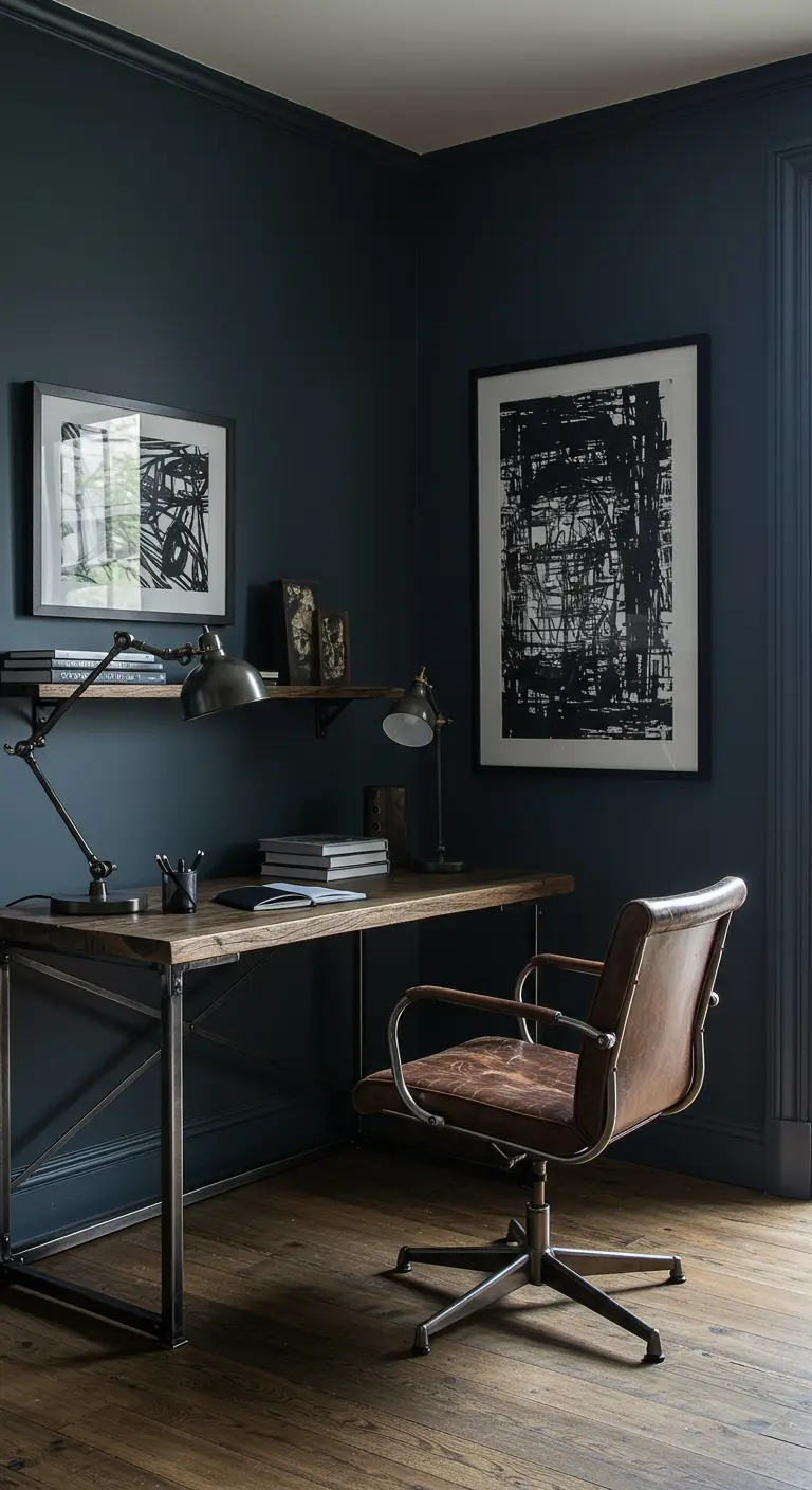 Bureau industriel dans un coin aux murs bleu nuit, avec fauteuil en cuir et art abstrait.