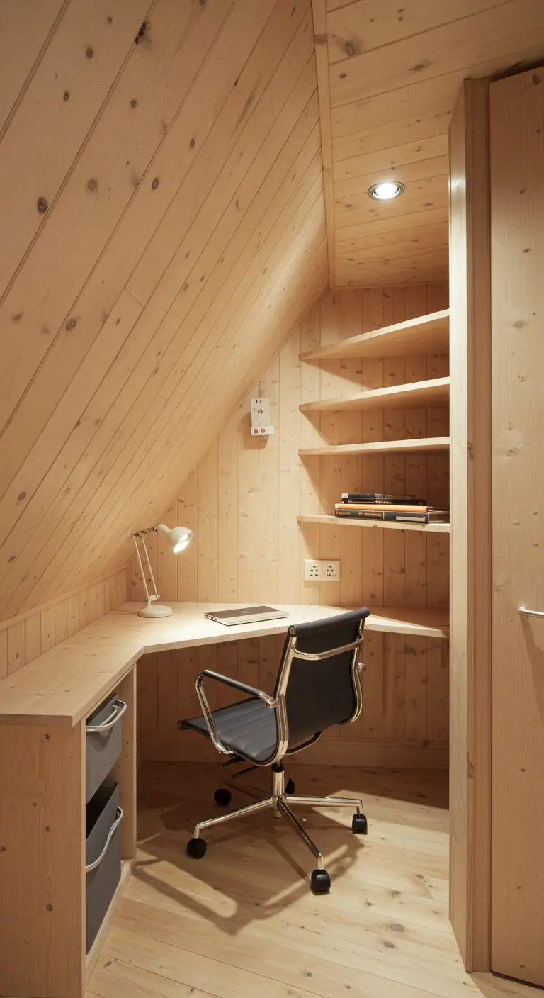 Bureau d'angle sur mesure dans un placard sous pente, tout en bois clair.