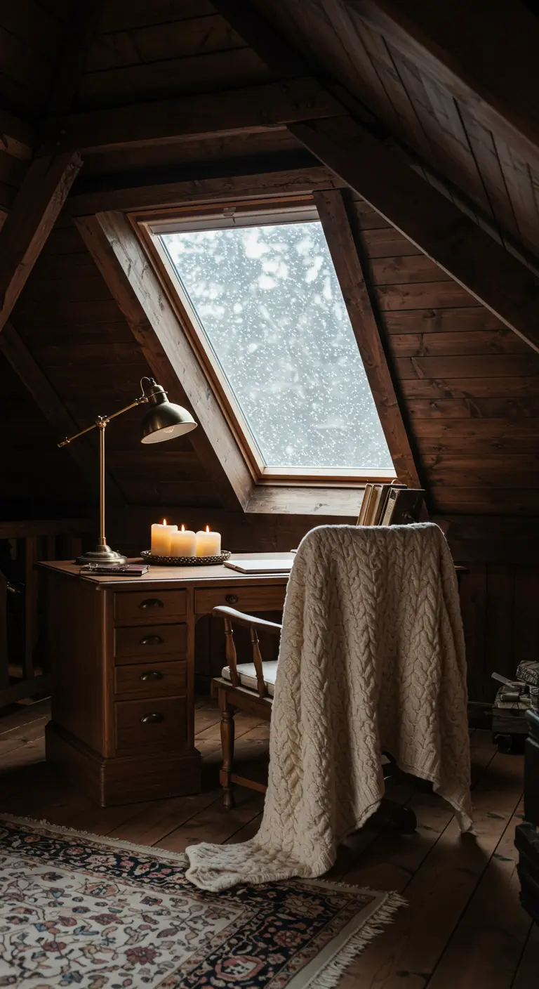 Bureau en bois sous une fenêtre de toit en hiver, avec lampe en laiton et plaid en tricot.