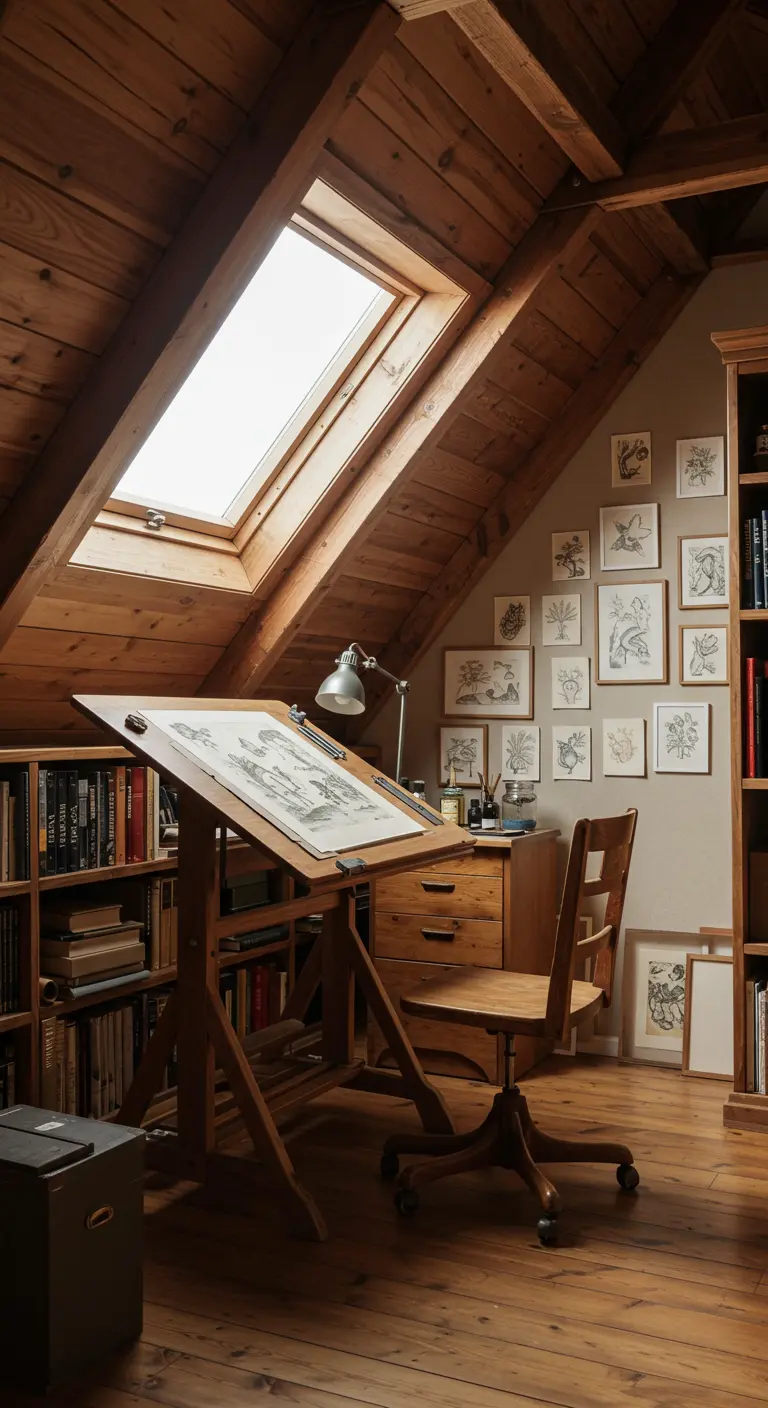 Atelier de dessin sous les combles avec un plafond en bois et un mur de cadres botaniques.