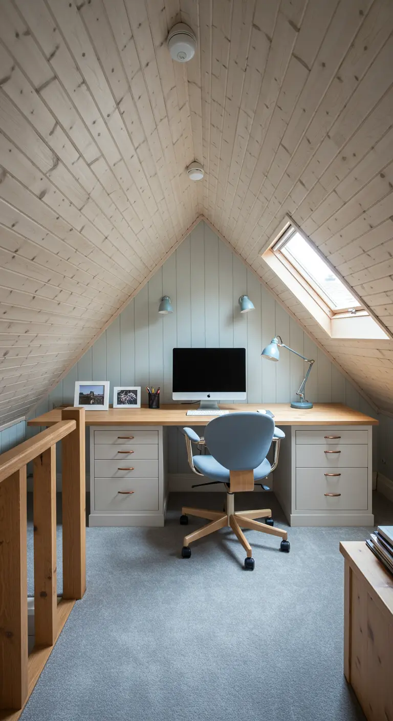 Bureau aménagé dans un comble avec lambris en bois clair, grand bureau sur mesure et fenêtre de toit.