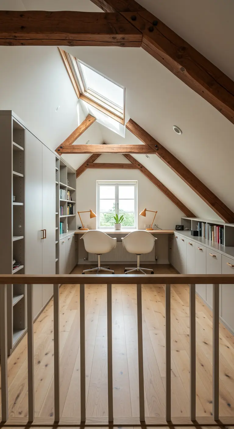 Bureau double symétrique aménagé dans des combles avec des poutres en bois apparentes.