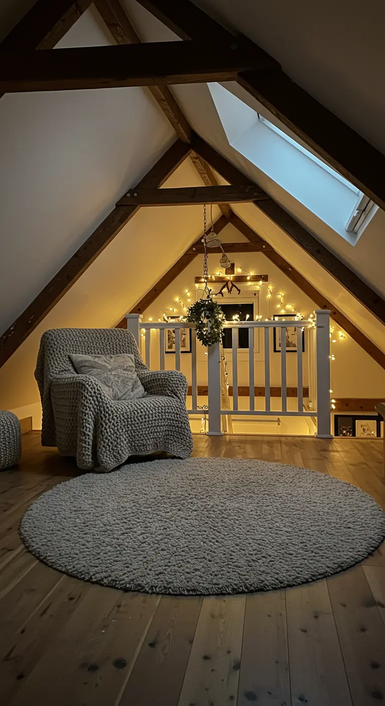 Coin lecture mansardé avec fauteuil en grosse maille et guirlandes lumineuses.