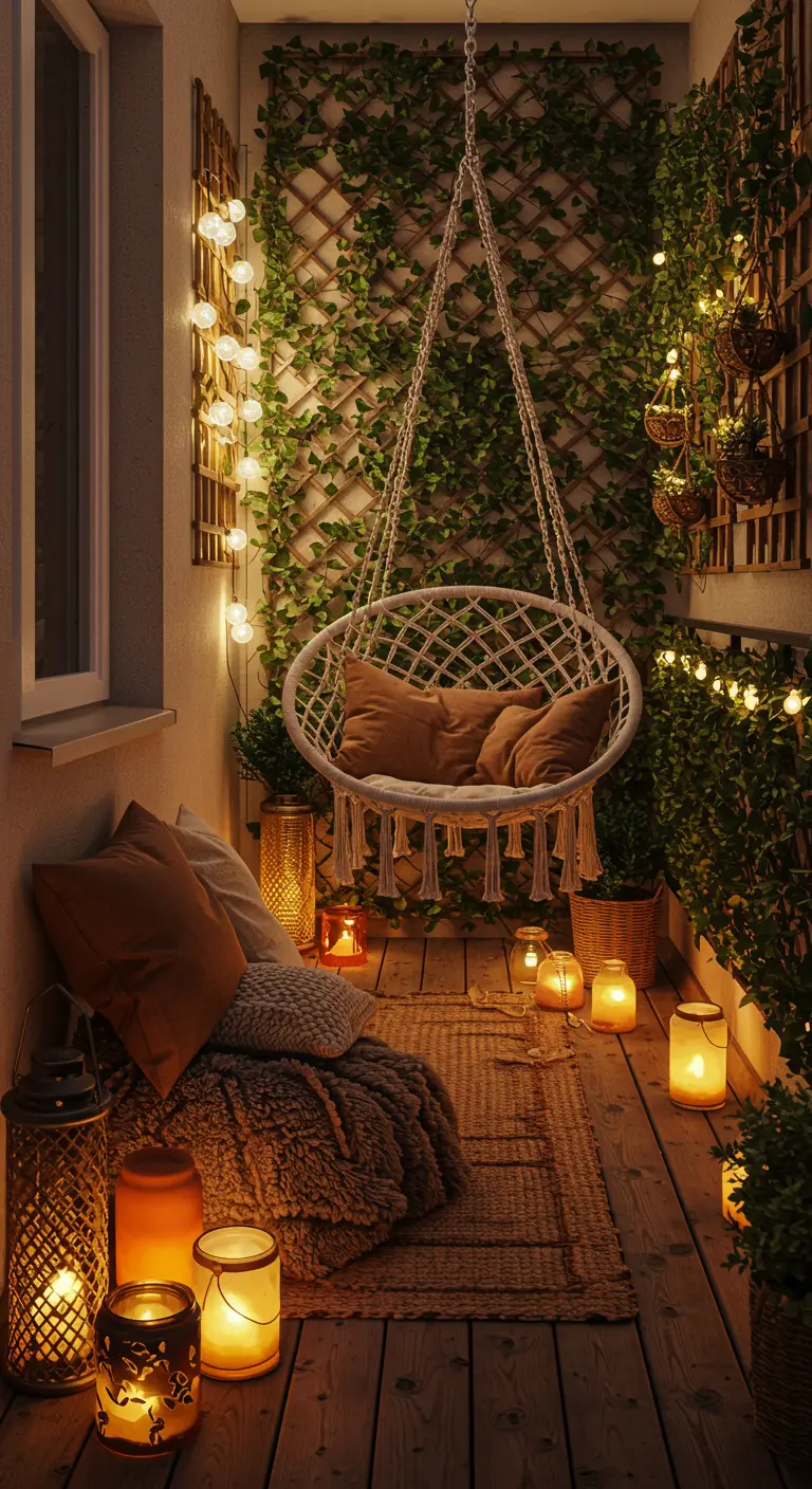 Fauteuil suspendu en macramé sur un balcon avec un mur végétal et des guirlandes lumineuses.