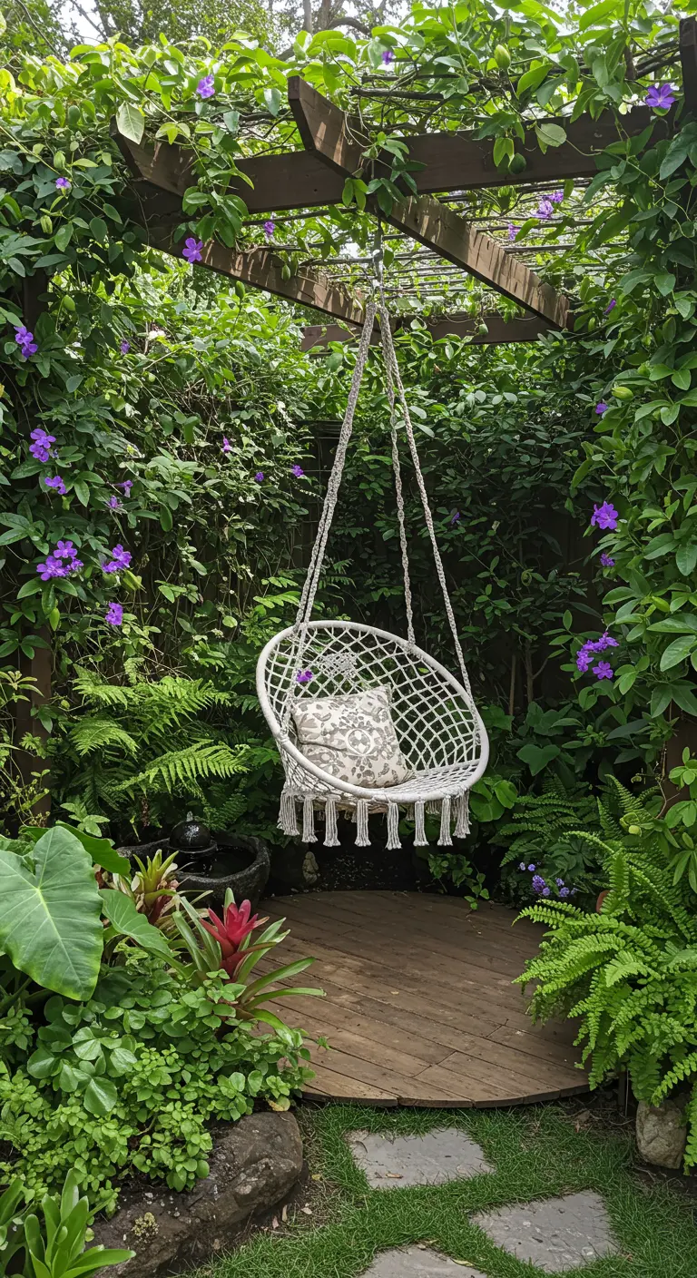 Chaise suspendue en macramé blanc dans un jardin luxuriant avec des vignes fleuries et un sentier en bois.