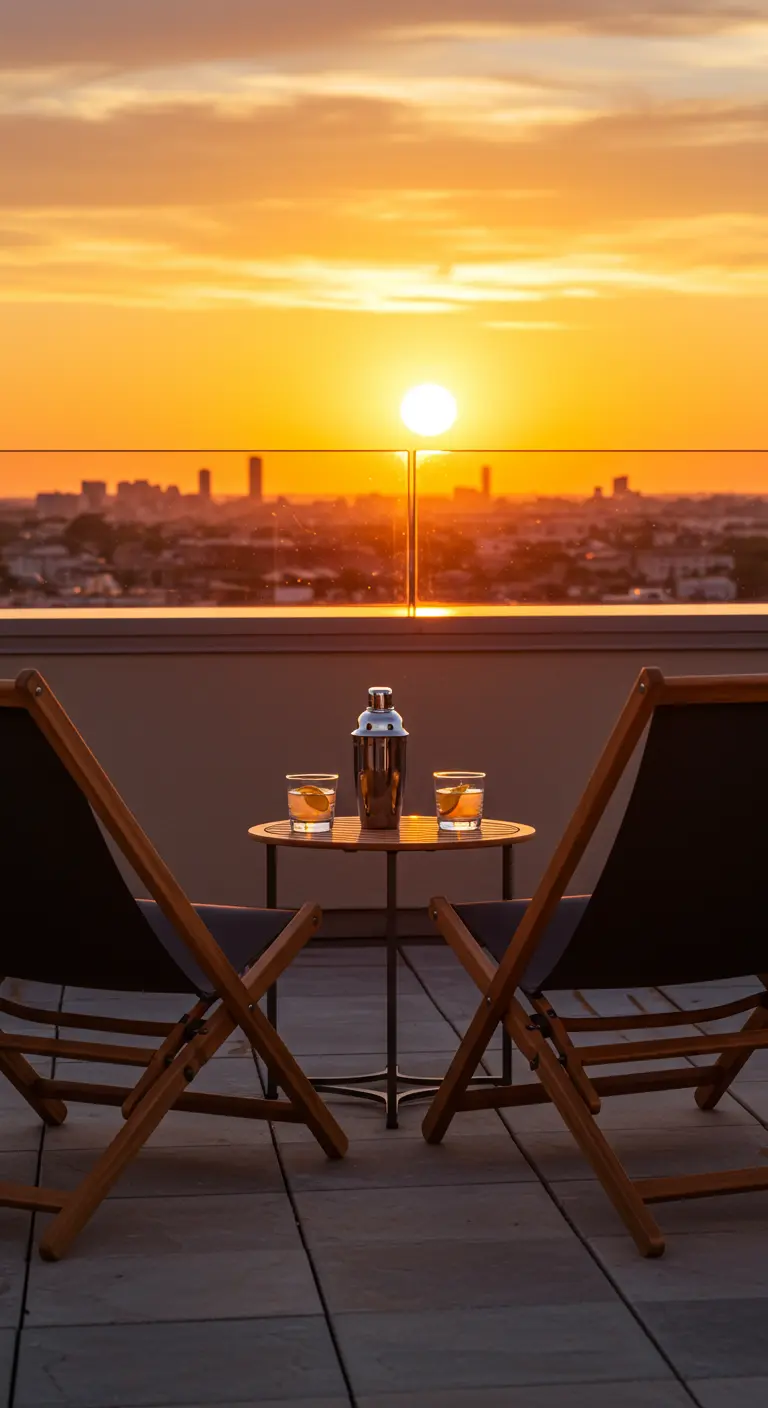 Deux chaises longues en bois face au coucher de soleil sur une terrasse.