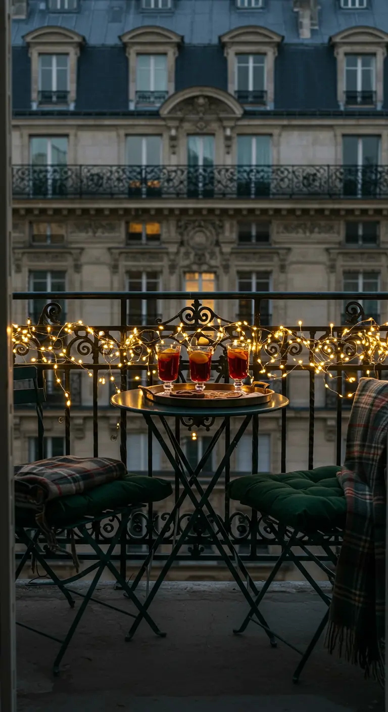 Balcon parisien avec table bistrot, guirlandes lumineuses et plaids écossais.