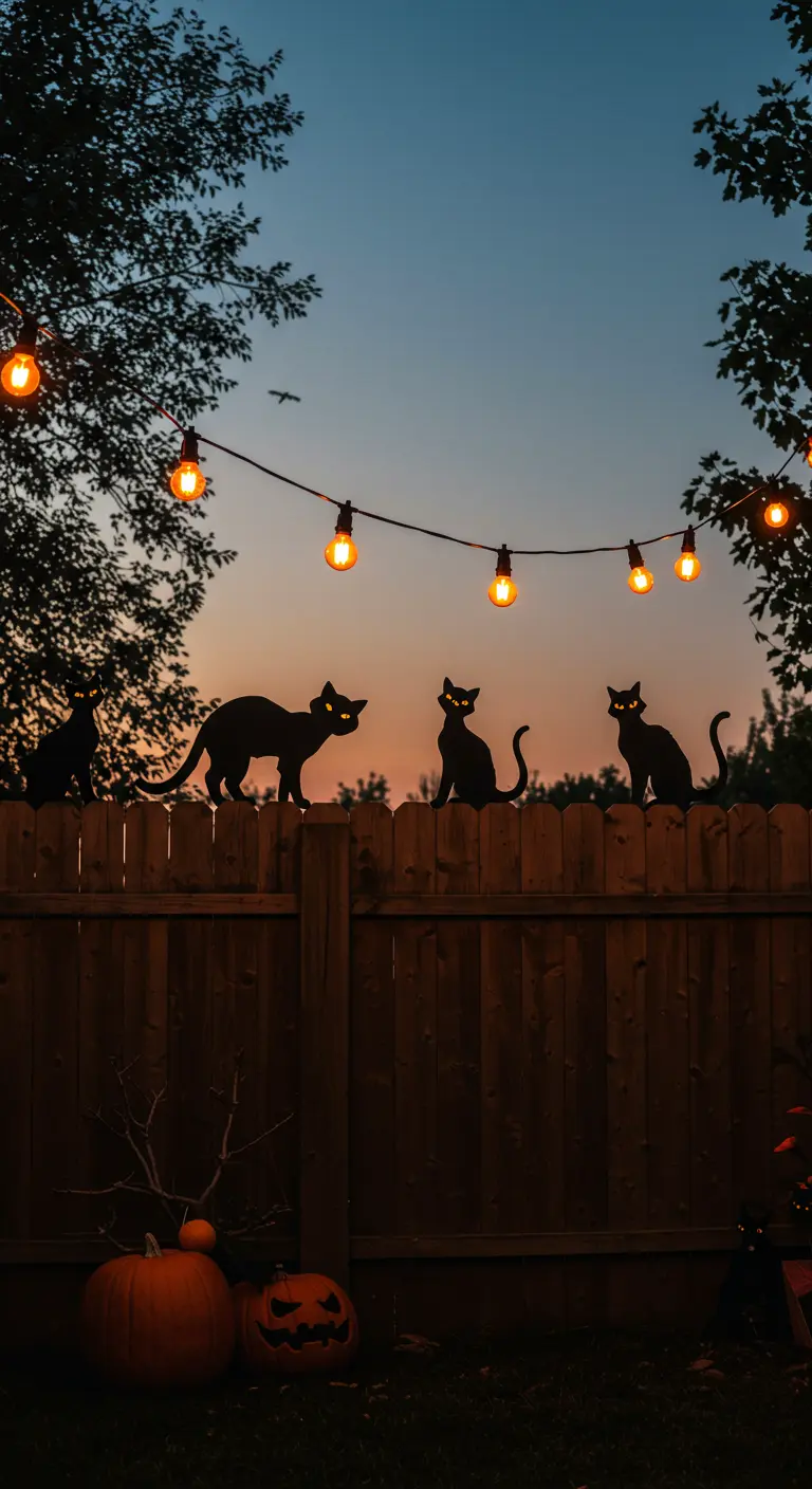 Silhouettes de chats noirs aux yeux brillants sur une clôture sous une guirlande lumineuse.