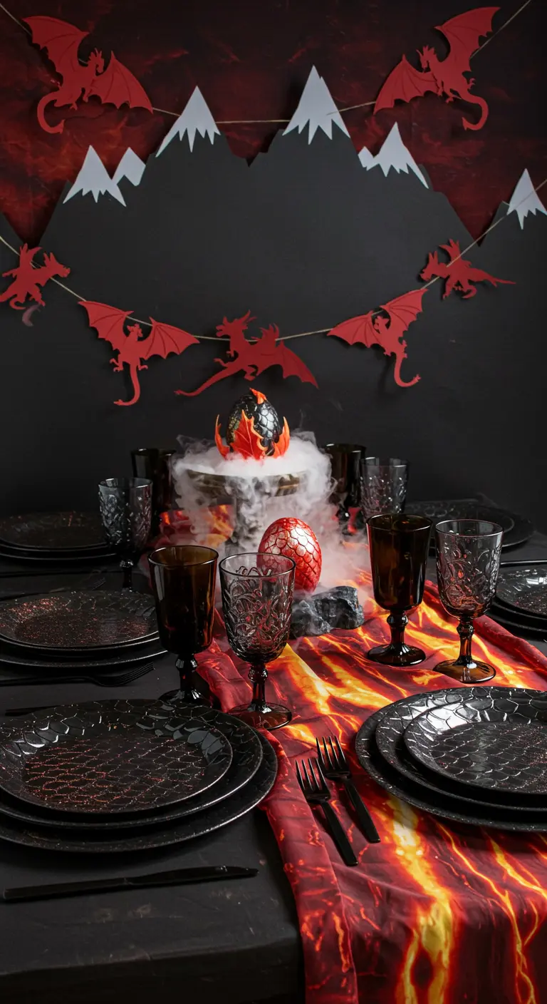 Table sur le thème des dragons avec nappe de lave, vaisselle noire et œufs de dragon.