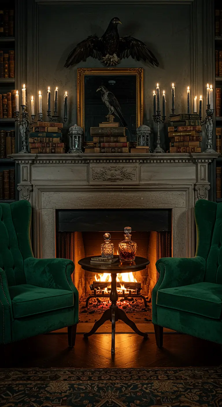 Cheminée décorée de livres, bougies et corbeaux pour Halloween.