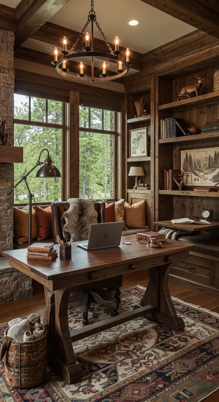Bureau rustique chic sous les combles avec mur de pierre, mobilier en bois et banquette