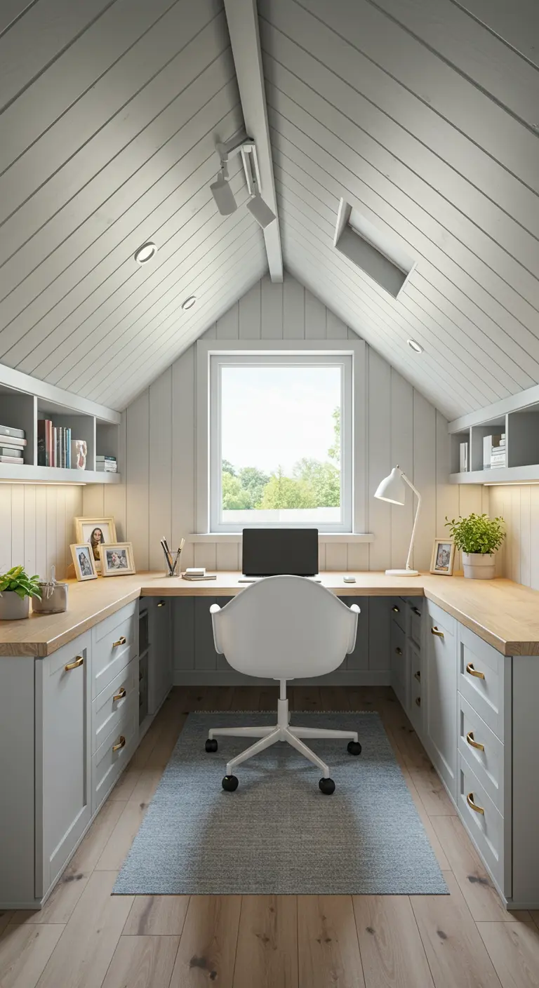 Bureau sous les toits avec rangements intégrés et fenêtre, ambiance lumineuse