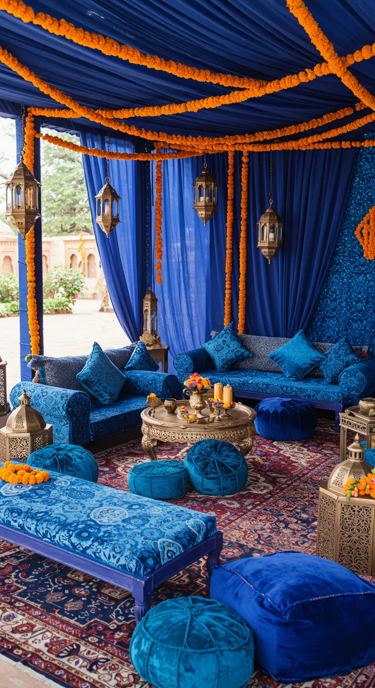 Salon d'extérieur décoré en bleu intense avec des touches de fleurs orange.