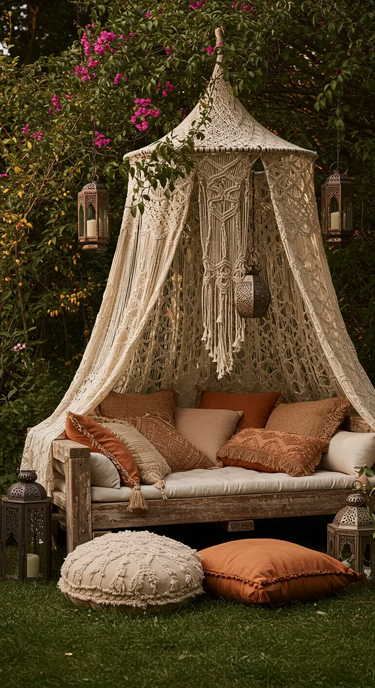 Lit de jour bohème avec baldaquin en macramé dans un jardin