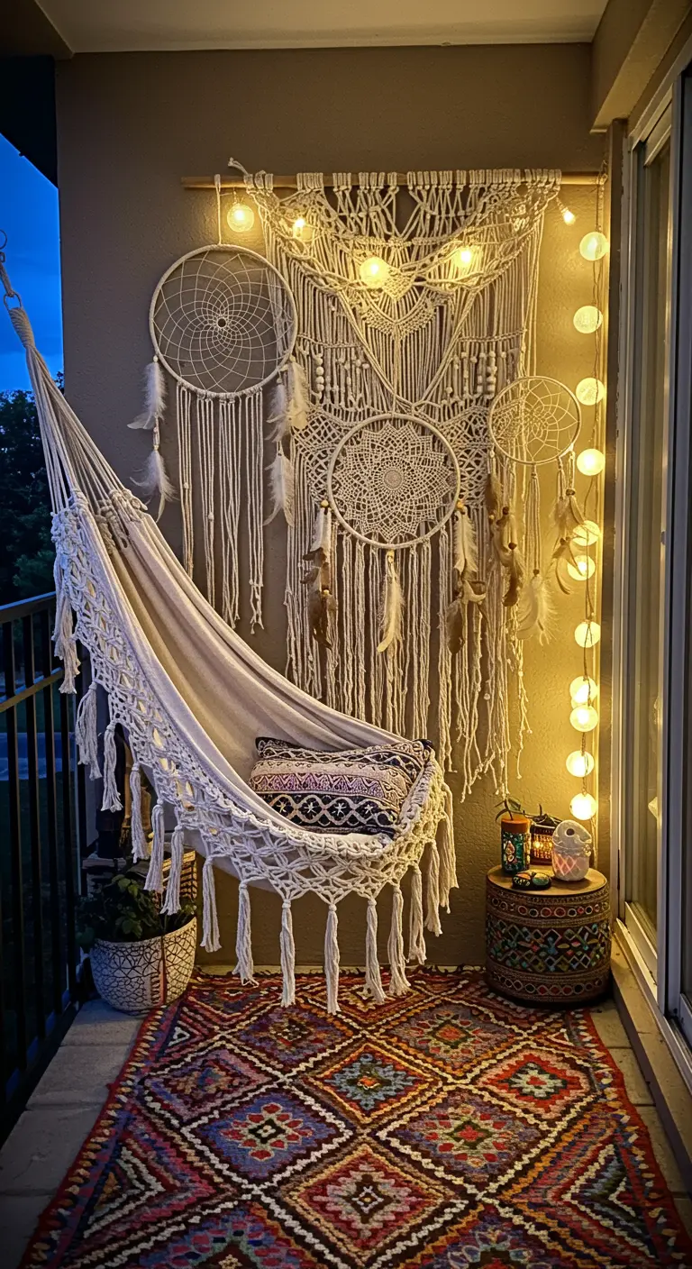 Balcon bohème avec hamac en macramé, tentures murales en macramé et attrape-rêves.
