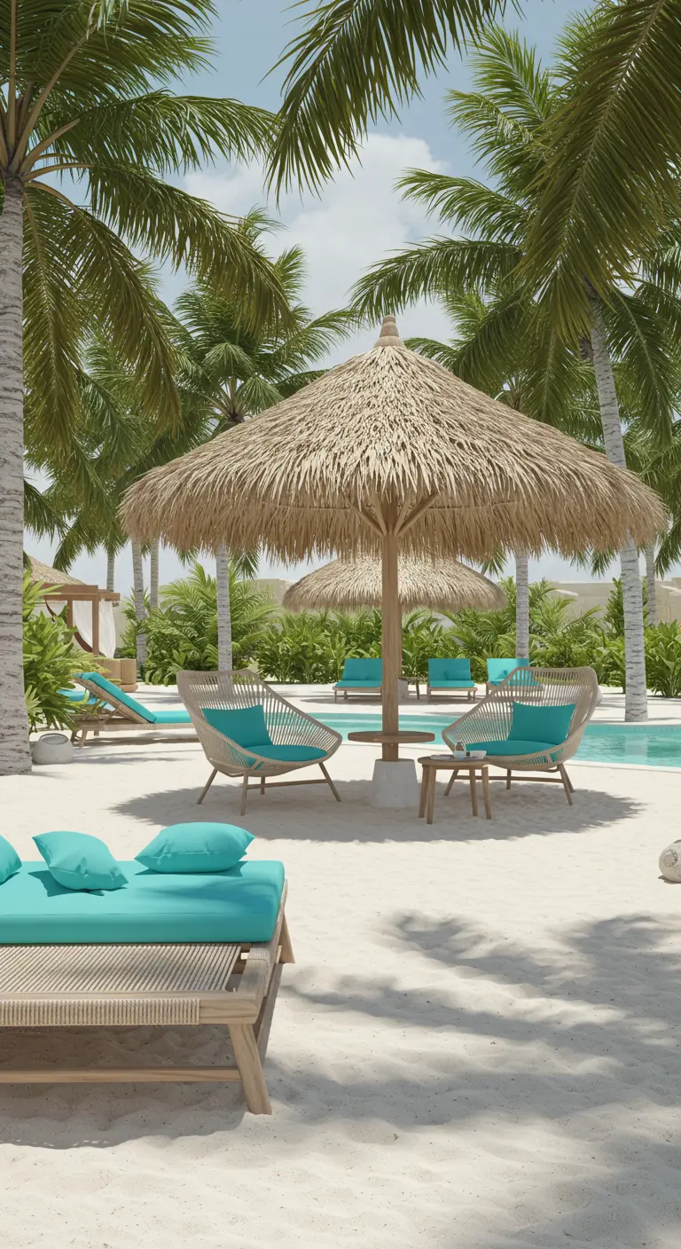 Chaises longues et fauteuils en bois clair avec coussins turquoise, sous un grand parasol en paille sur une plage de sable fin bordée de palmiers.