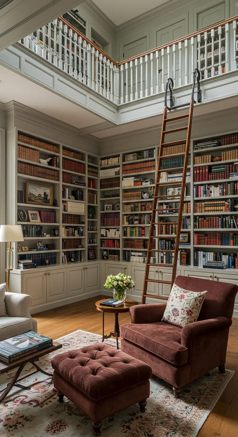 Impressionnante bibliothèque sur deux étages avec une échelle et un fauteuil confortable.