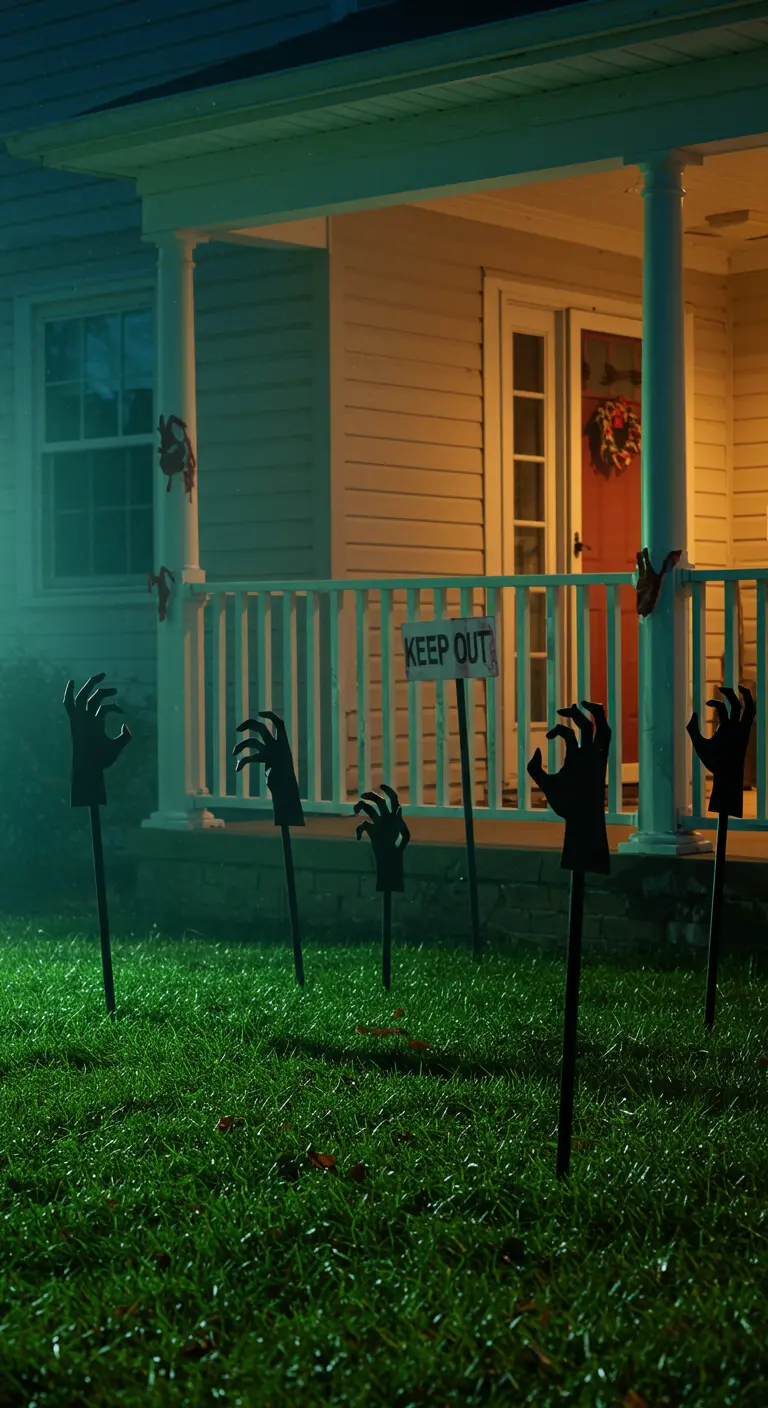 Mains de zombies sortant de la pelouse devant un porche éclairé en vert.