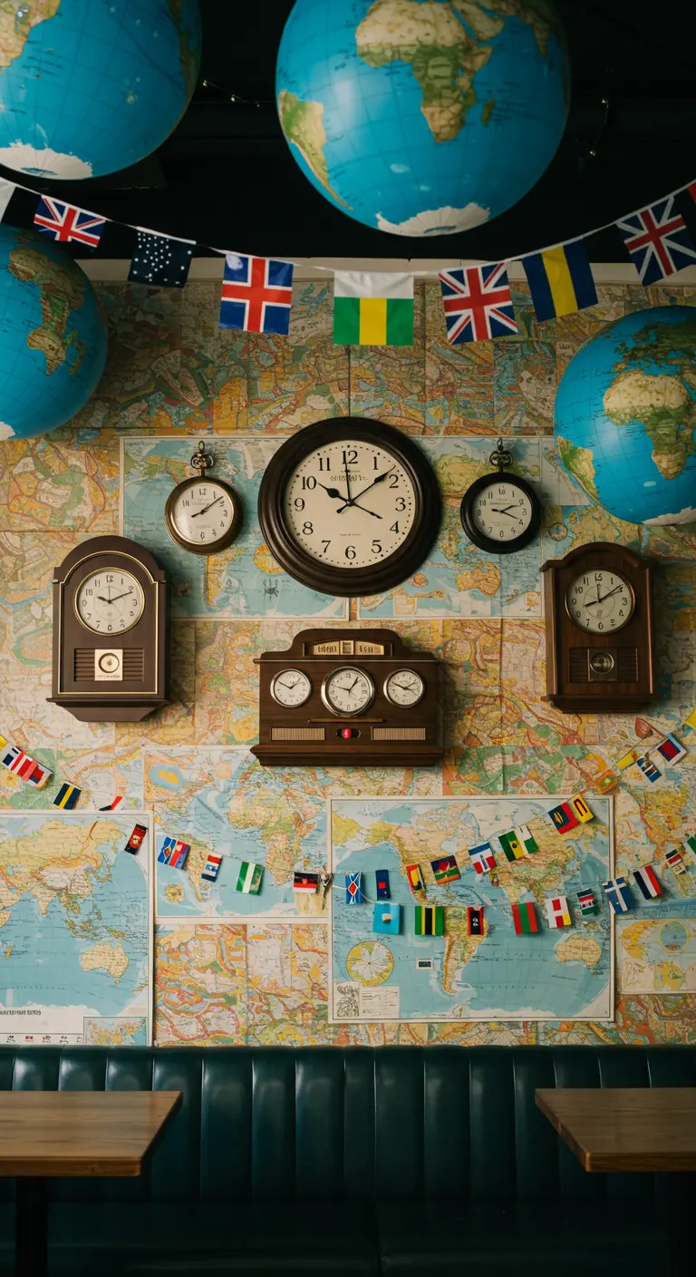 Mur de cartes du monde avec plusieurs horloges et des globes suspendus.