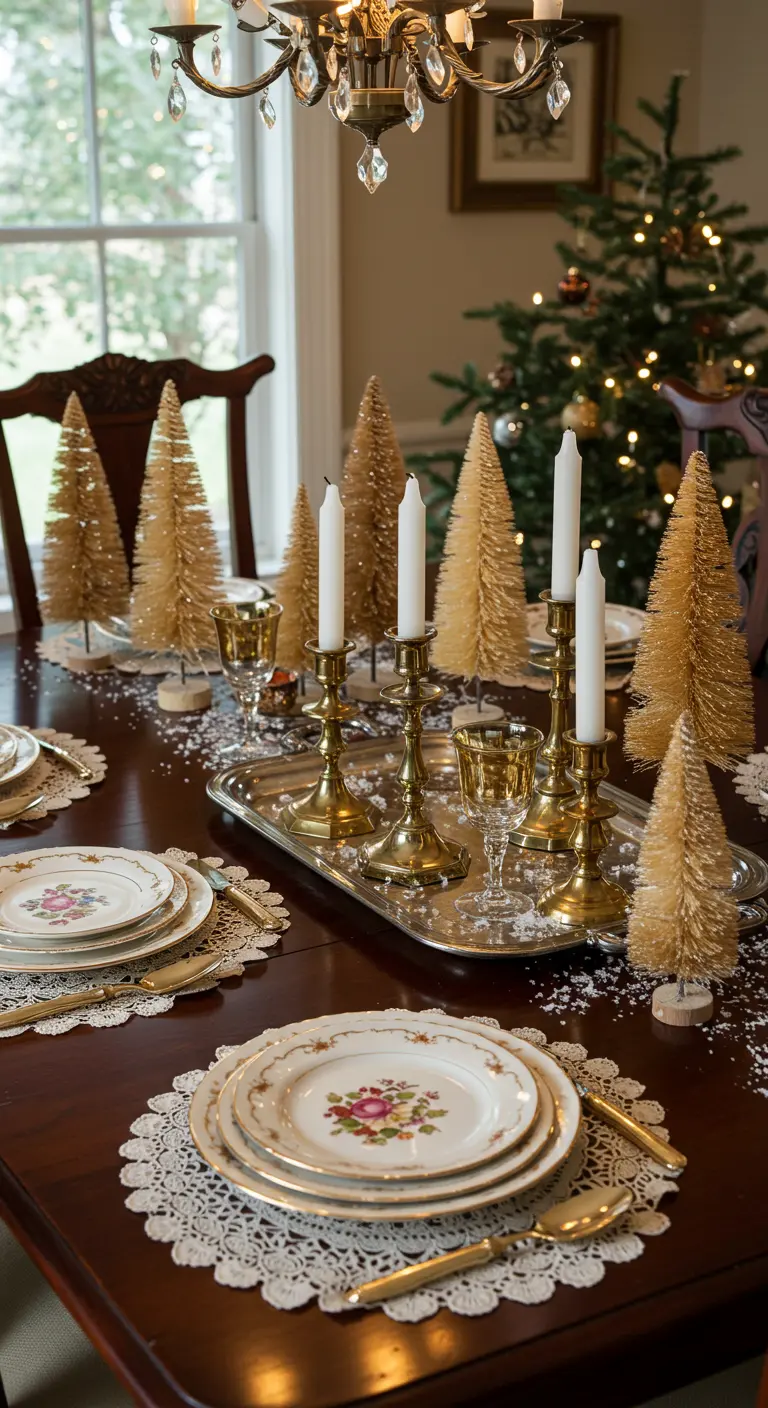 Table de Noël vintage avec vaisselle à fleurs, napperons en dentelle et sapins dorés.