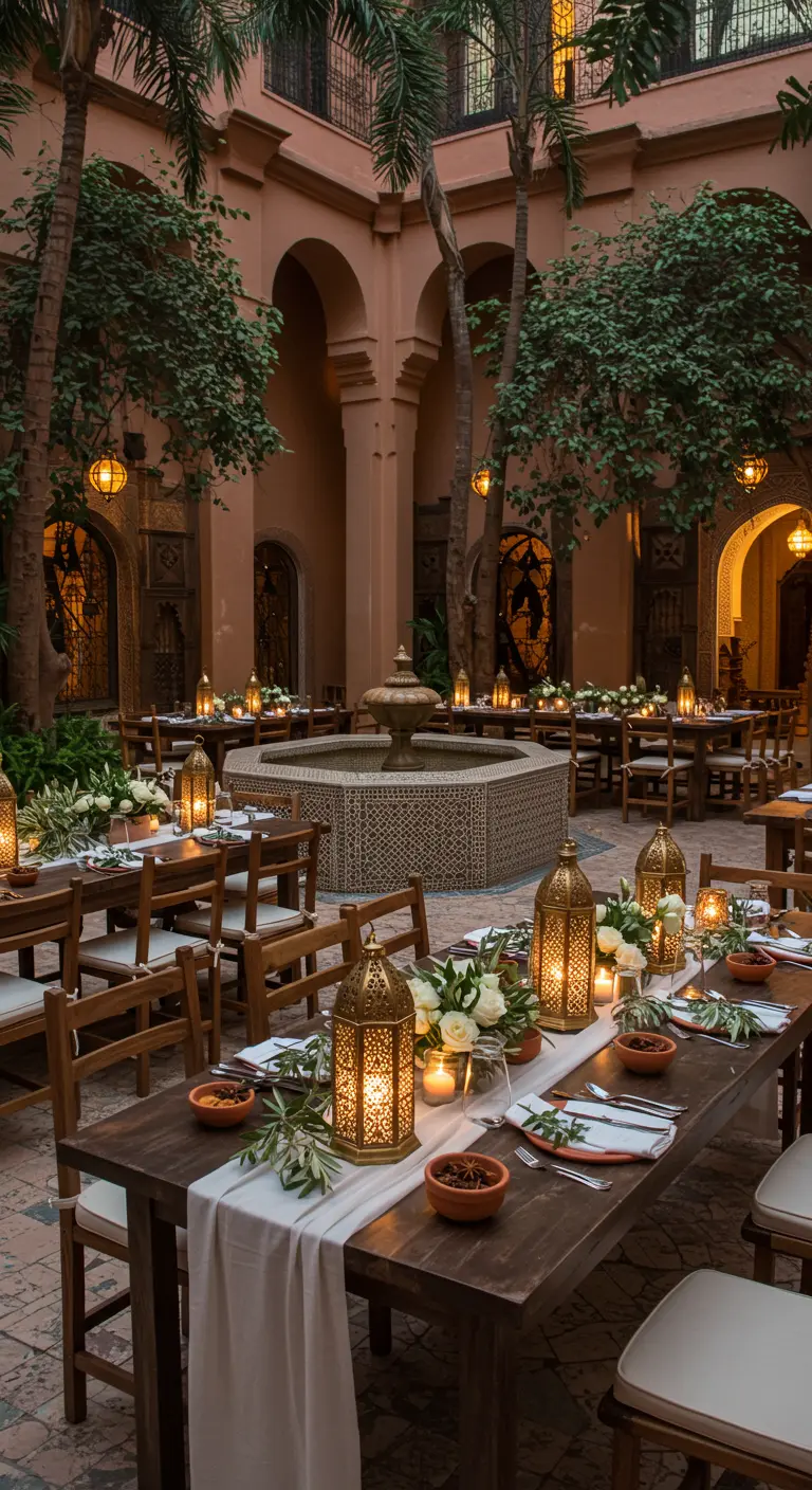 Table de mariage dans une cour de riad avec lanternes en laiton et fontaine.