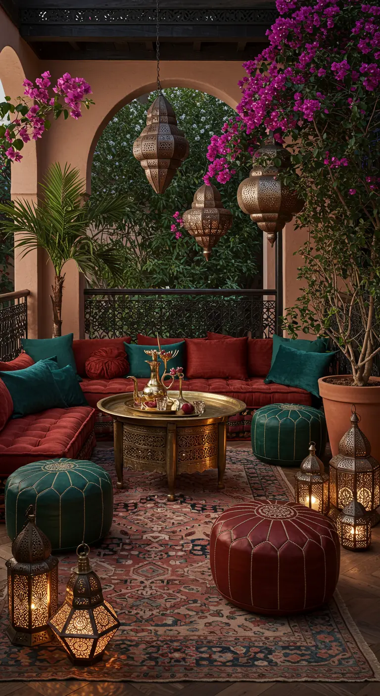 Terrasse luxueuse de style riad avec canapés rouges, poufs colorés, table en laiton et lanternes marocaines.
