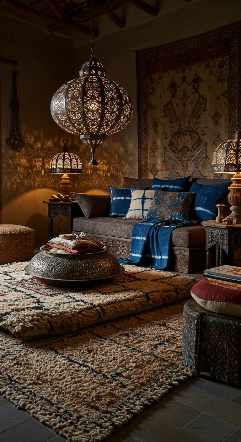 Salon d'inspiration marocaine avec lanterne en métal et tapis berbère.