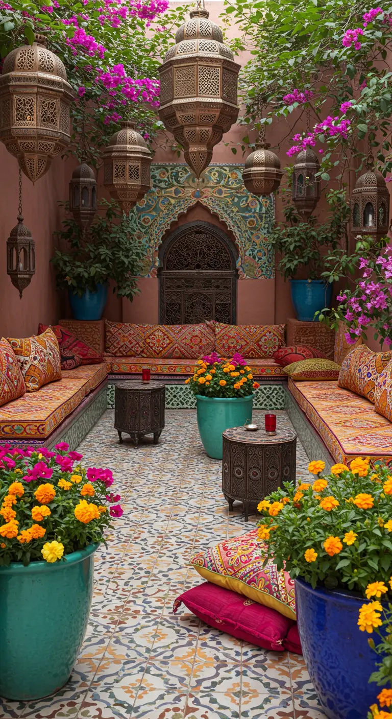 Cour intérieure de style marocain avec des carreaux de ciment, des lanternes et des banquettes colorées.