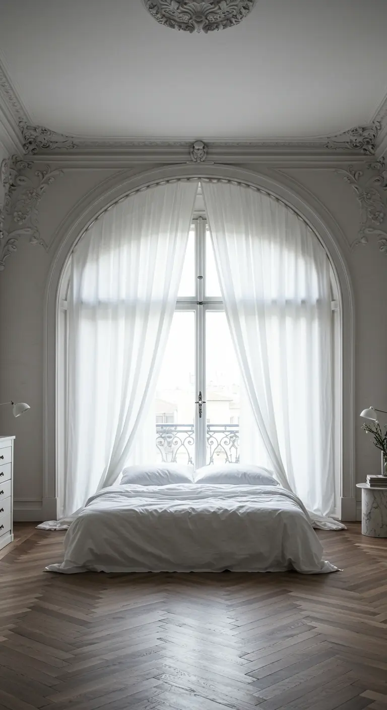 Un lit placé devant une grande fenêtre cintrée habillée de longs voilages blancs.