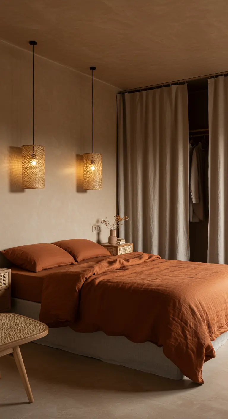 Dressing dissimulé derrière un grand rideau en lin beige dans une chambre terracotta.