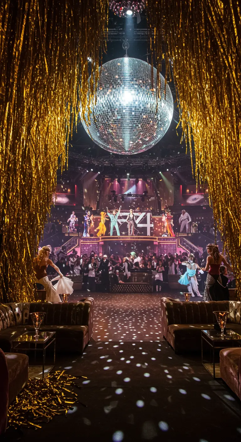 Vue à travers des rideaux de lamé doré sur une fête disco animée.