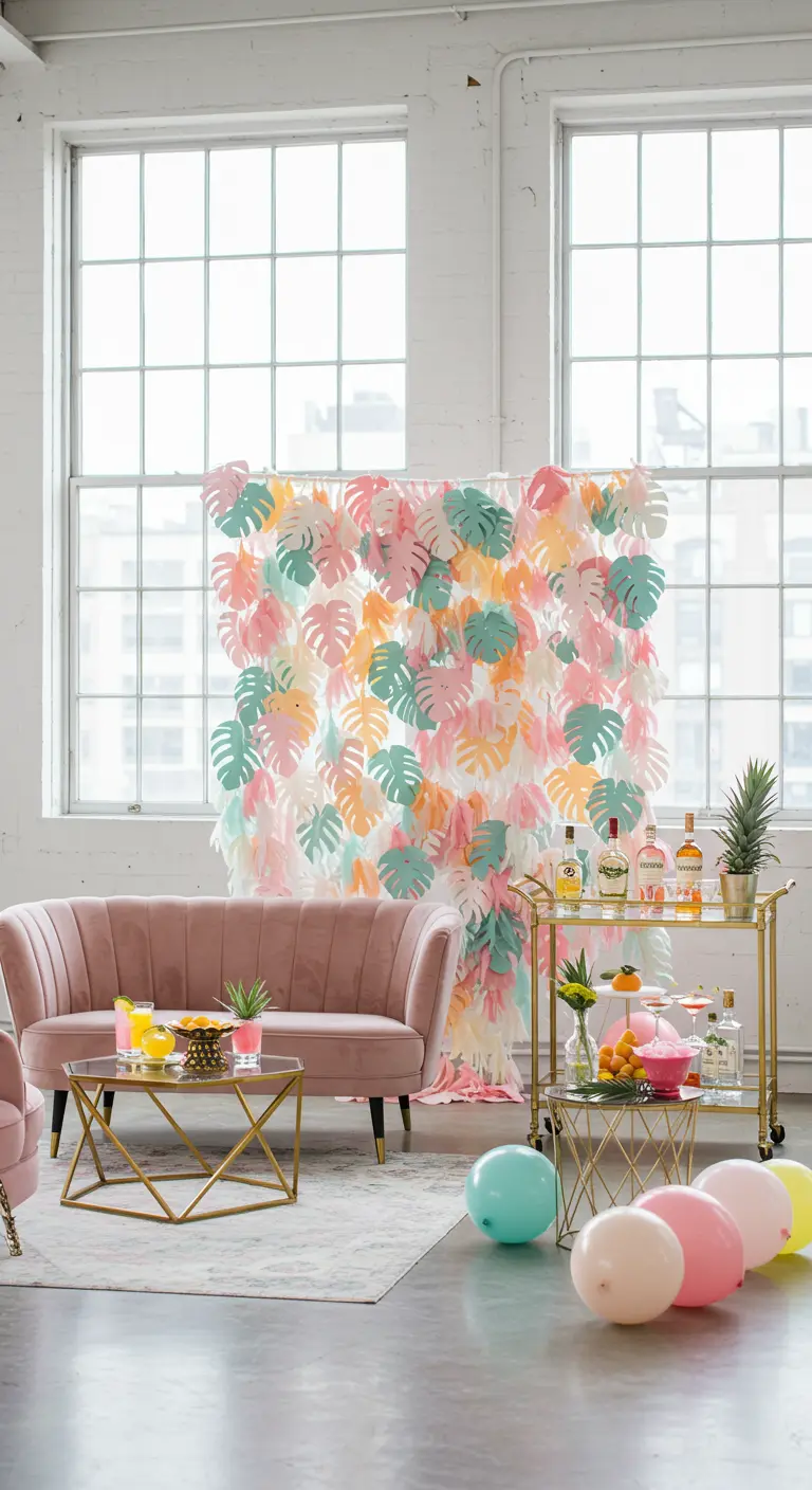 Rideau de feuilles de papier colorées derrière un canapé rose et un bar doré.