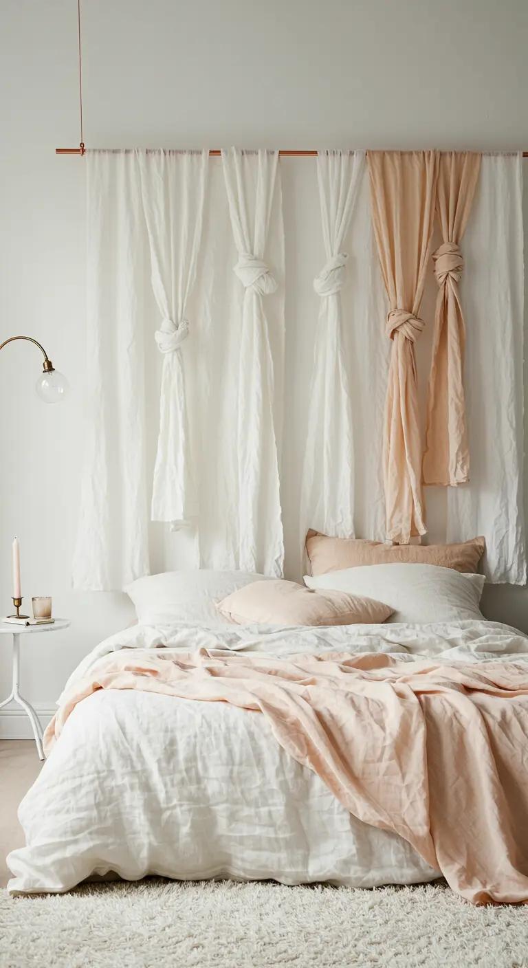 Des rideaux en lin blanc et rose poudré sont noués sur une tringle au-dessus du lit.