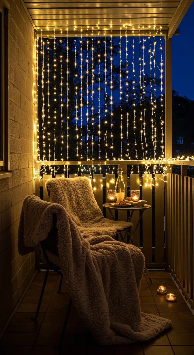 Petit balcon avec un fauteuil confortable et un rideau de guirlandes lumineuses.