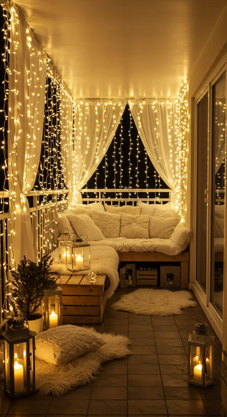 Balcon entièrement drapé de rideaux de guirlandes lumineuses, avec canapé blanc et peaux de mouton.