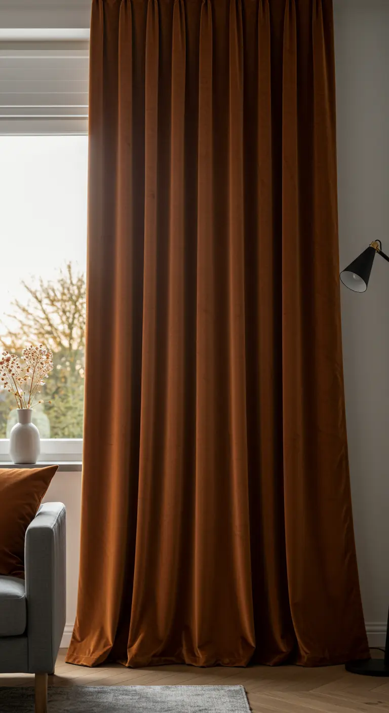 Gros plan sur un long rideau en velours lourd de couleur terracotta.