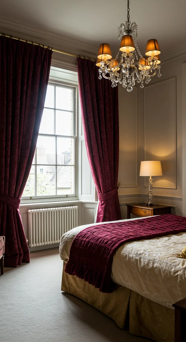 Chambre classique avec de lourds rideaux en velours bordeaux.
