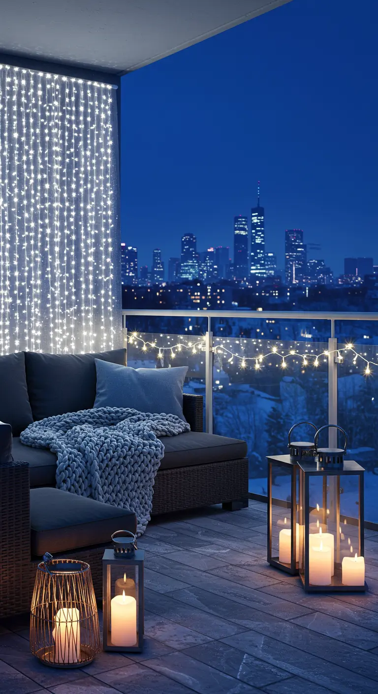 Balcon urbain avec rideau de guirlandes lumineuses, canapé d'extérieur et lanternes. 