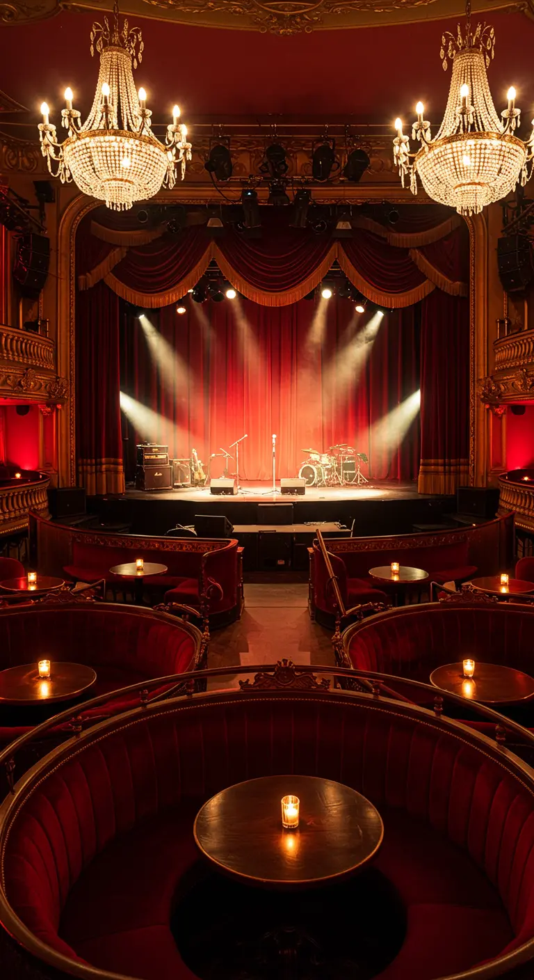 Scène de cabaret avec rideaux rouges, lustres scintillants et fauteuils en velours.