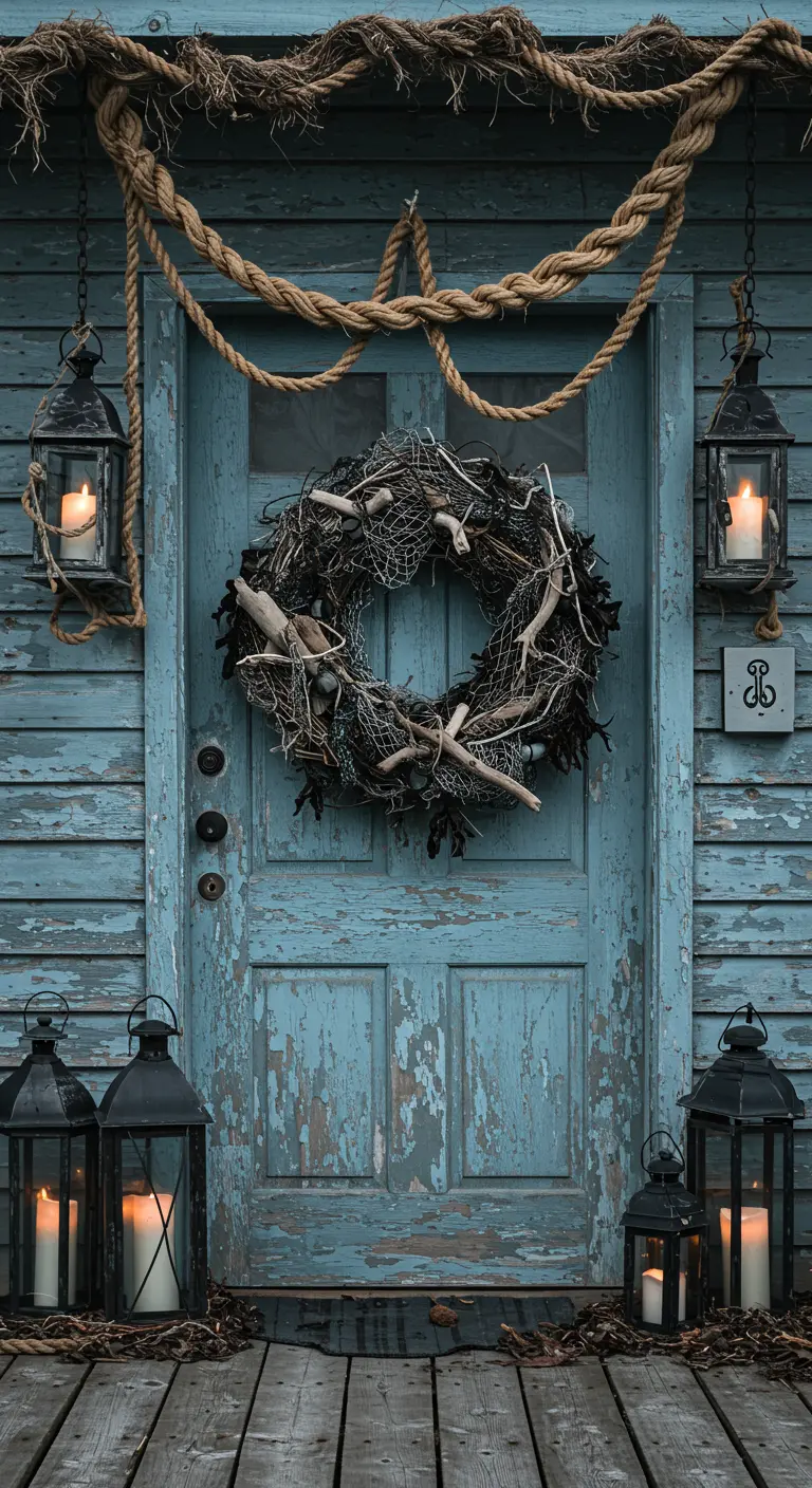 Porte bleue vieillie avec couronne en bois flotté et lanternes de marin.