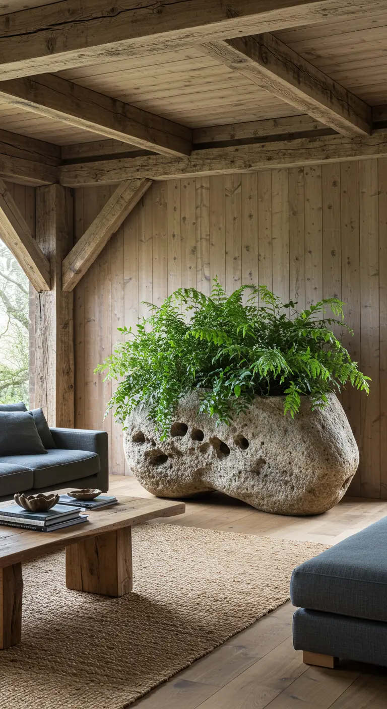 Une immense pierre naturelle creusée servant de pot pour une abondance de fougères.