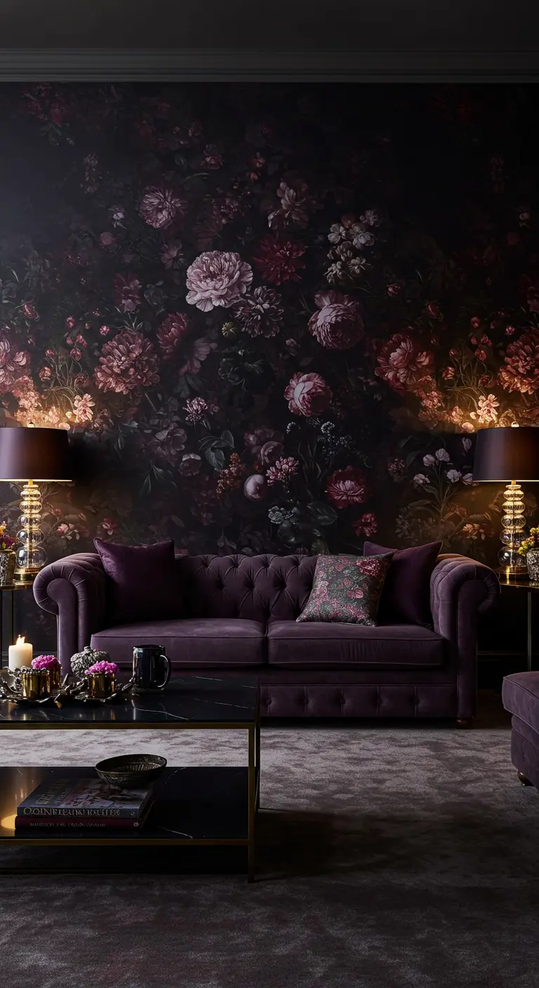 Mur d'accent avec un papier peint floral sombre de style flamand, derrière un canapé en velours violet.