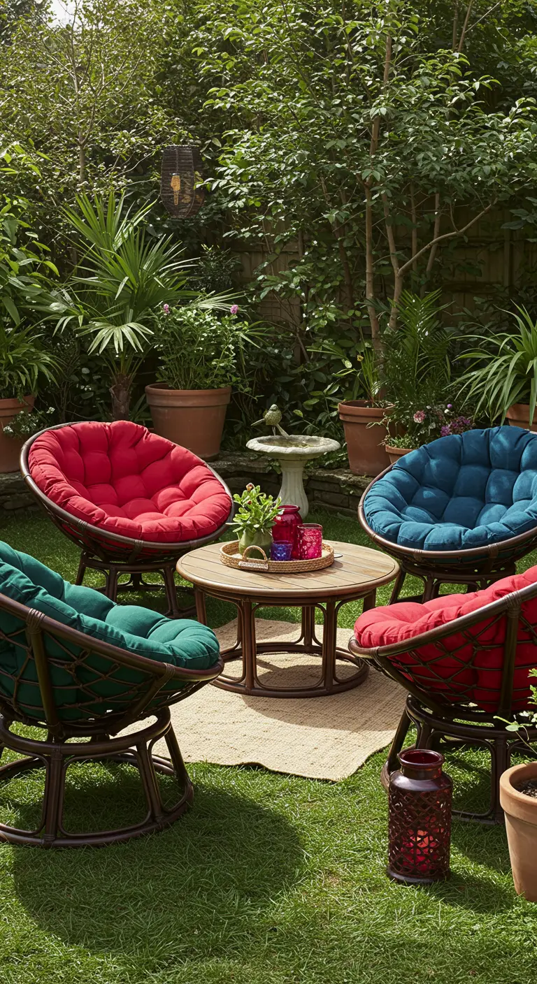 Quatre fauteuils papasan colorés disposés en cercle sur la pelouse autour d'une table basse.