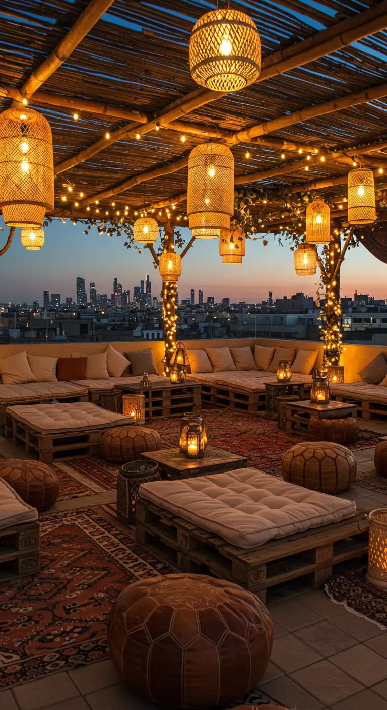 Terrasse sur un toit avec canapés en palettes, coussins et guirlandes lumineuses.