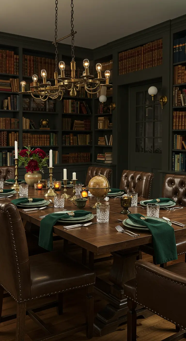 Salle à manger-bibliothèque avec table en bois massif, chaises en cuir et serviettes vert émeraude.